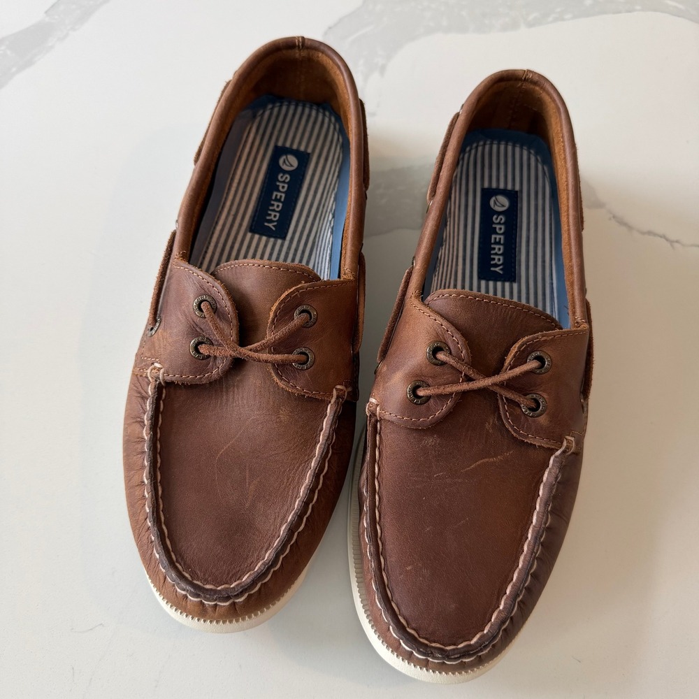 Sperry Top-Sider Mens Brown Leather Boat Shoes Loafers 2-Eye Non-Marking Sole